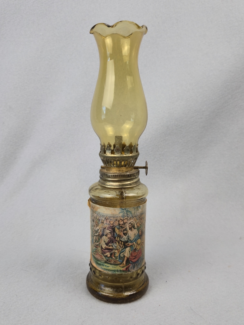 Vintage Amber Glass Mini Oil Lamp Jesus Feeding Multitude Religious Decor